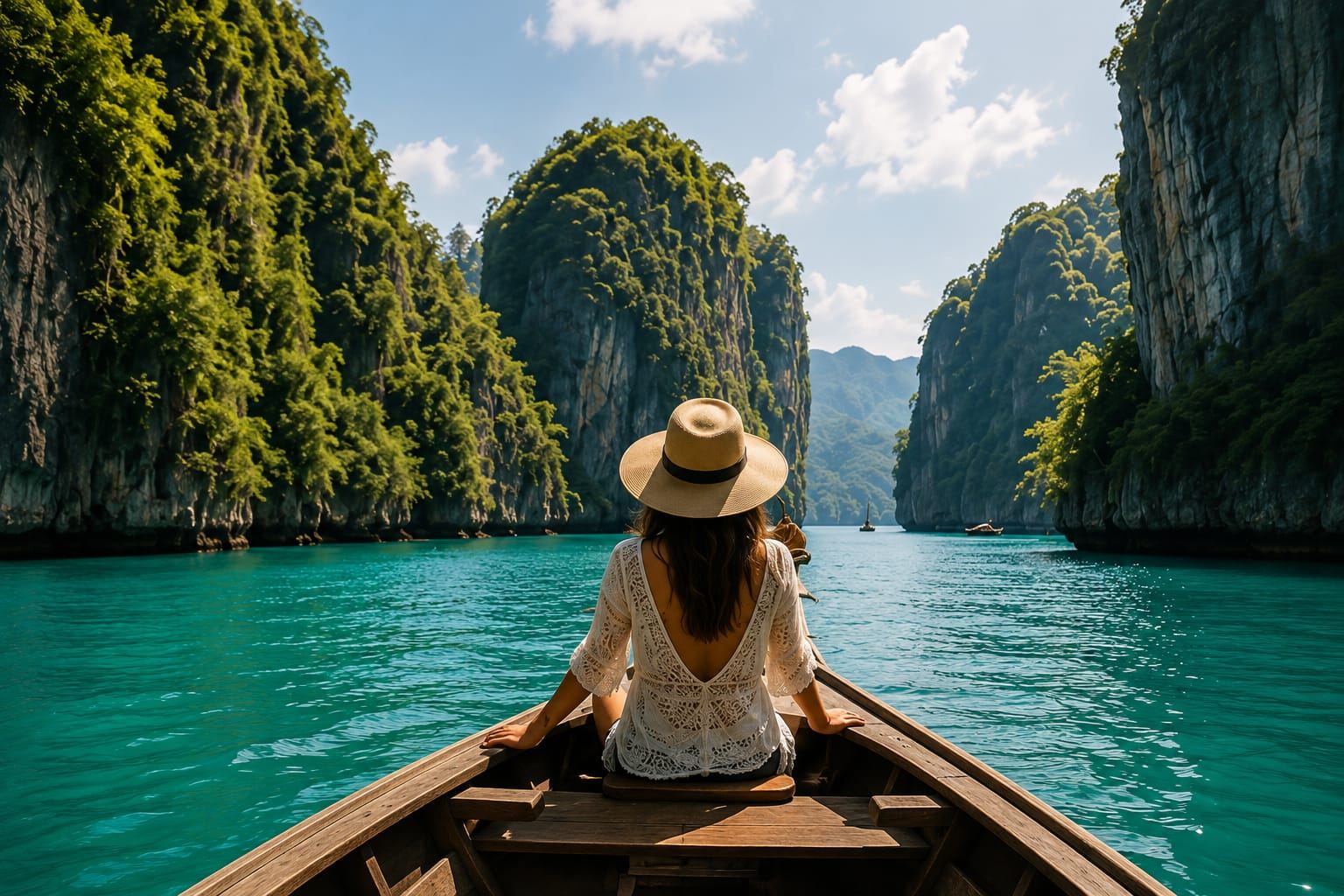 Woman in a wide-brim hat riding a traditional wooden longtail boat through a turquoise channel between towering limestone karst cliffs