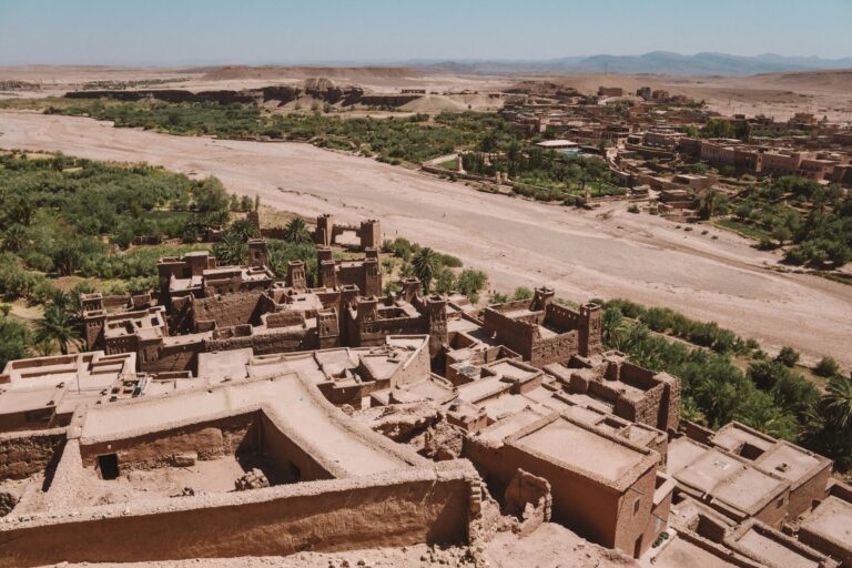 The ancient fortified village of Ait Benhaddou with its mud-brick kasbah architecture in Morocco