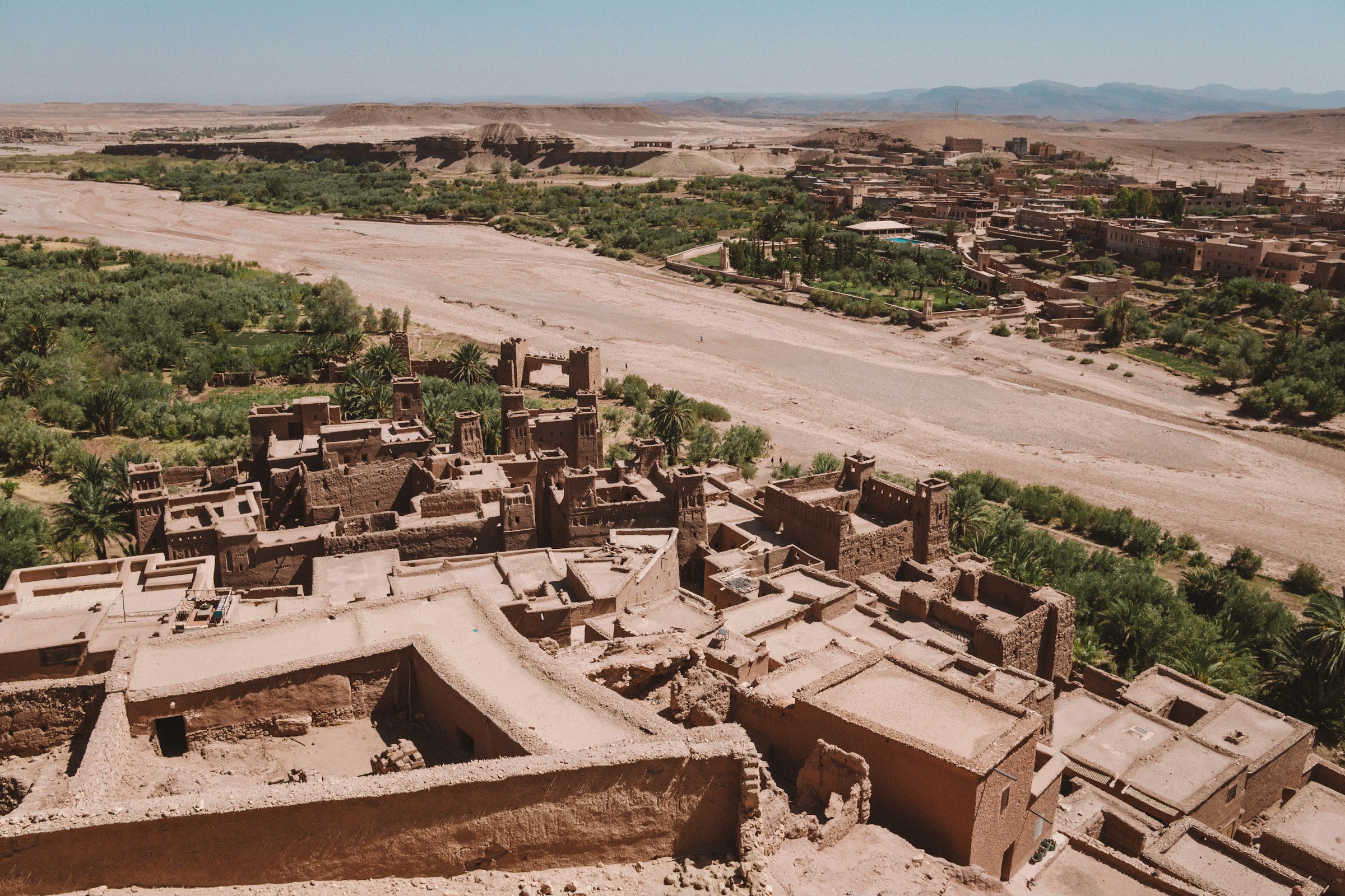 The ancient fortified village of Ait Benhaddou with its mud-brick kasbah architecture in Morocco